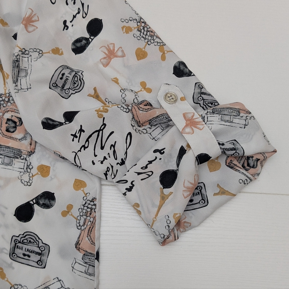 Karl Lagerfeld Paris Whimsical Signature-Printed Blouse Long Roll-Tab Sleeves L - Picture 6 of 12